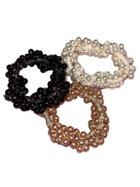 Pearl Cluster Stretch Bracelet Trio - Black, White, Rose Gold